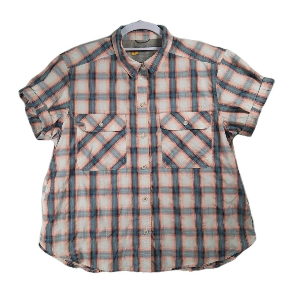 Eddie Bauer Travex Shirt Womens Large Hiking Lightweight Top Coral Aqua Plaid